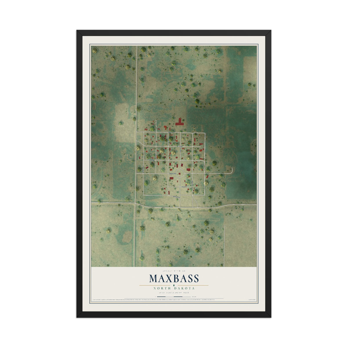 Map of Maxbass, North Dakota, 12 x 18 inch print in a black wood frame