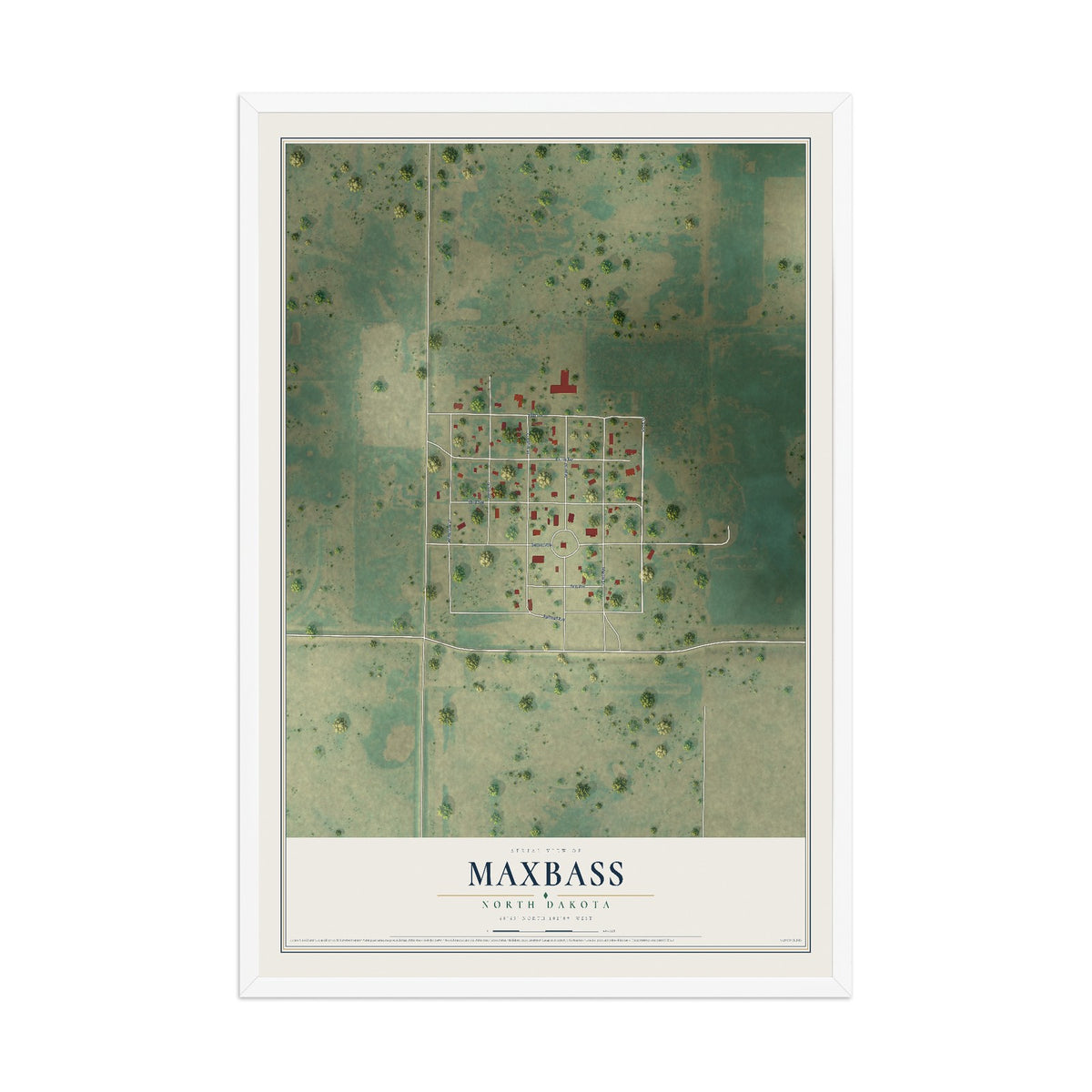 Map of Maxbass, North Dakota, 12 x 18 inch print in a white wood frame