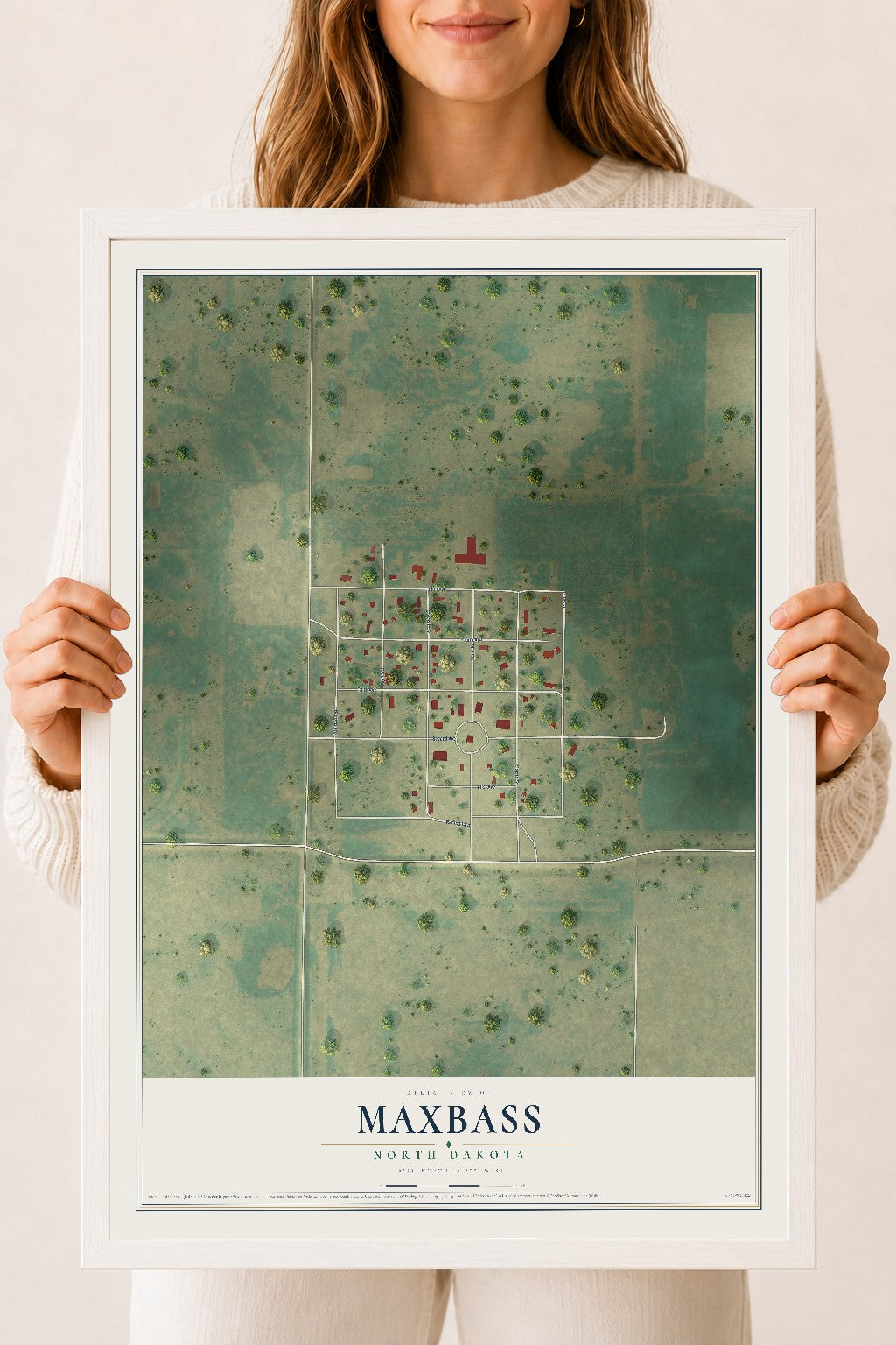 Map of Maxbass, North Dakota, 18 x 24 inch print in a white wood frame