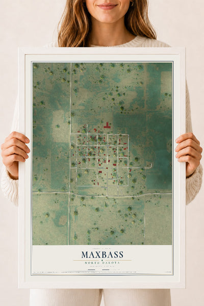 Map of Maxbass, North Dakota, 18 x 24 inch print in a white wood frame