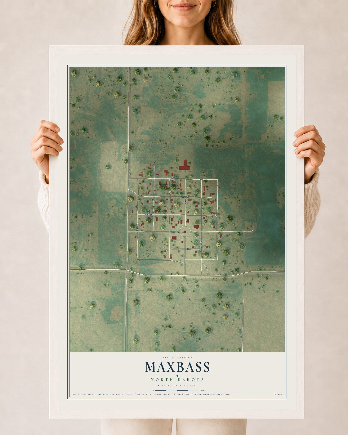 Map of Maxbass, North Dakota, 24 x 36 inch print in a white wood frame