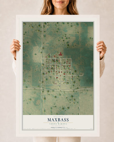 Map of Maxbass, North Dakota, 24 x 36 inch print in a white wood frame