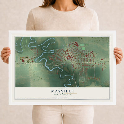 Map of Mayville, North Dakota, 12 x 18 inch print in a white wood frame
