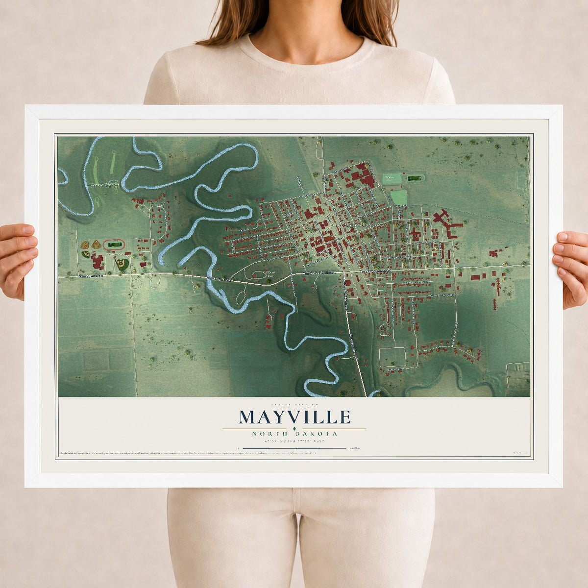 Map of Mayville, North Dakota, 18 x 24 inch print in a white wood frame