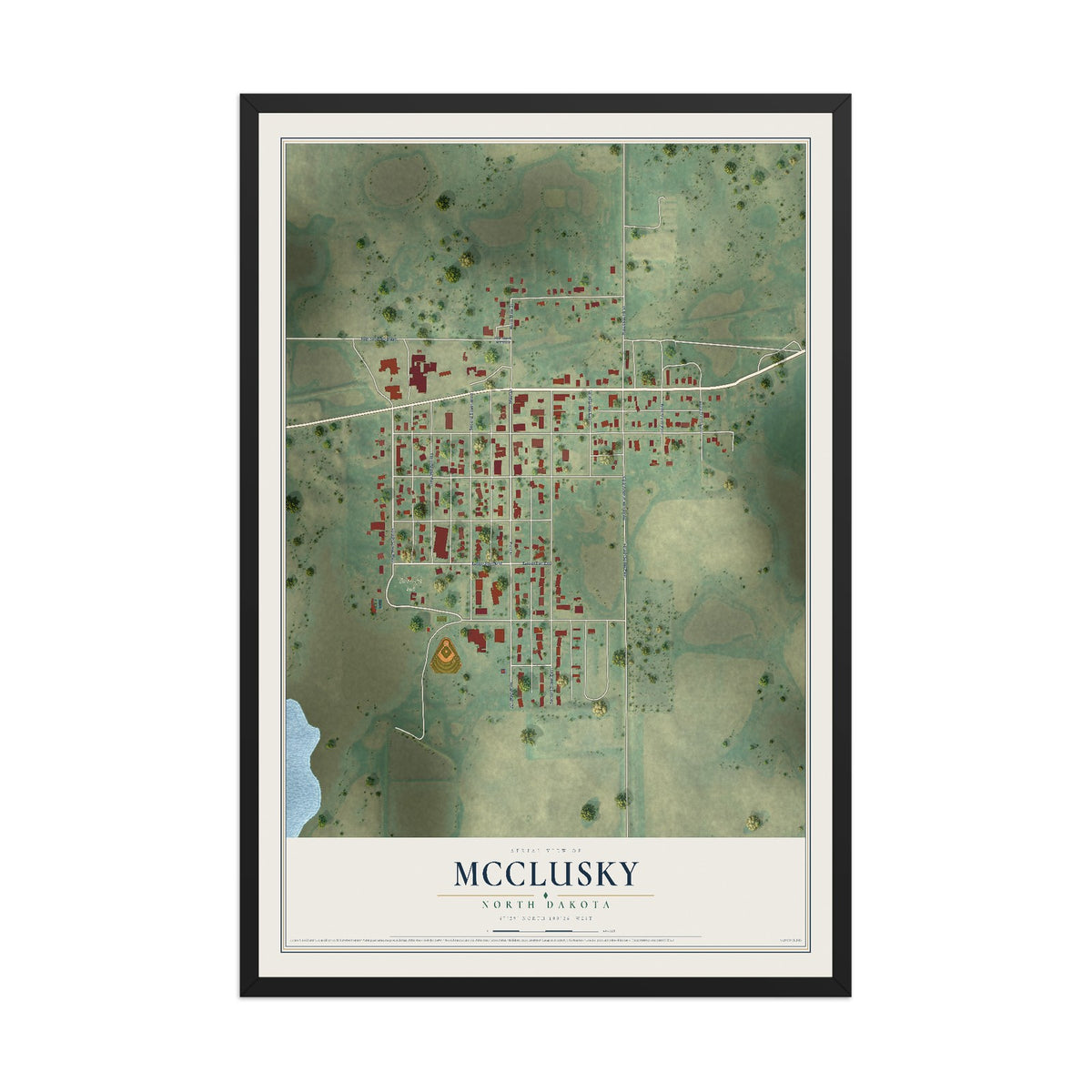 Map of McClusky, North Dakota, 12 x 18 inch print in a black wood frame