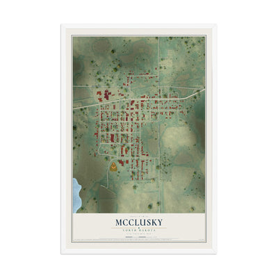 Map of McClusky, North Dakota, 12 x 18 inch print in a white wood frame