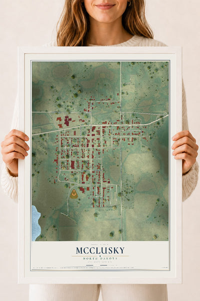 Map of McClusky, North Dakota, 18 x 24 inch print in a white wood frame