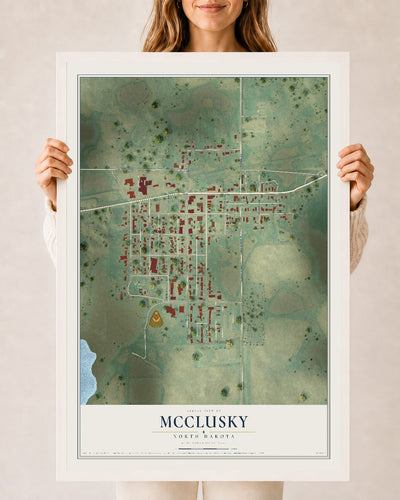 Map of McClusky, North Dakota, 24 x 36 inch print in a white wood frame
