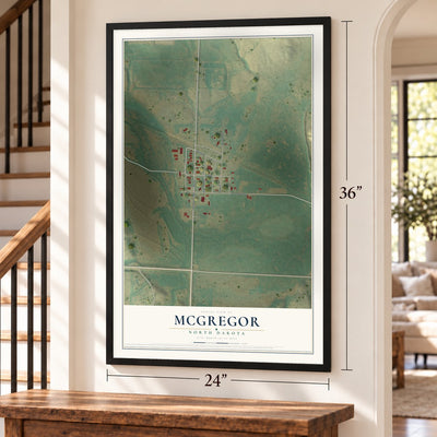 McGregor, North Dakota map, 24 x 36 inch print in a black frame by a staircase