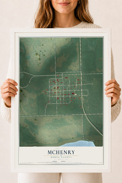 Map of McHenry, North Dakota, 18 x 24 inch print in a white wood frame