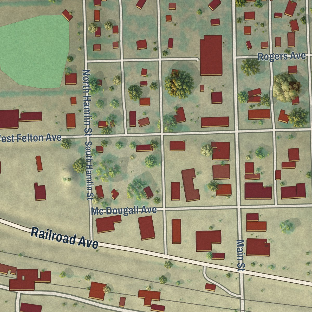 Close-up of the map of McVille, North Dakota print showing street and building detail