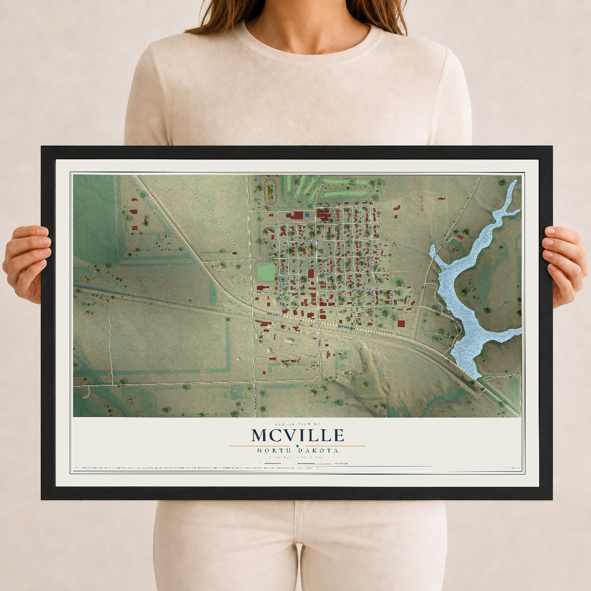 Map of McVille, North Dakota, 12 x 18 inch print in a black wood frame