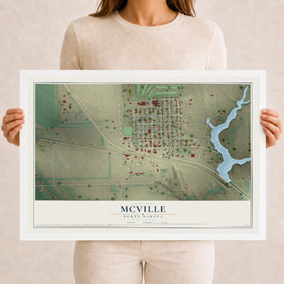 Map of McVille, North Dakota, 12 x 18 inch print in a white wood frame