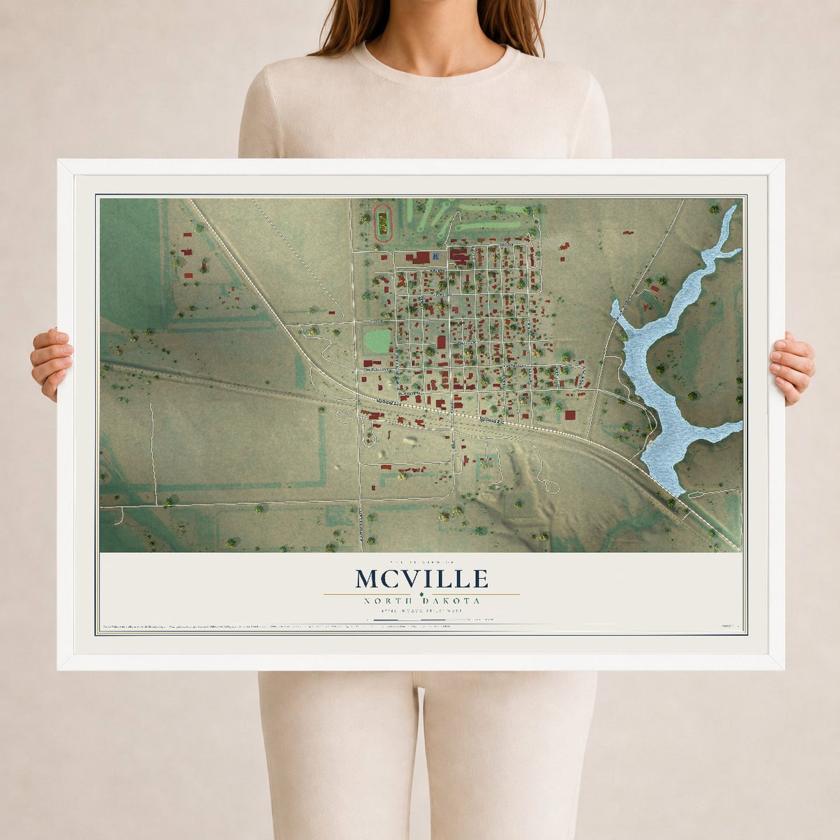 Map of McVille, North Dakota, 24 x 36 inch print in a white wood frame