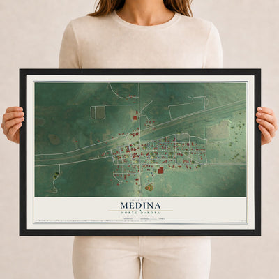 Map of Medina, North Dakota, 12 x 18 inch print in a black wood frame