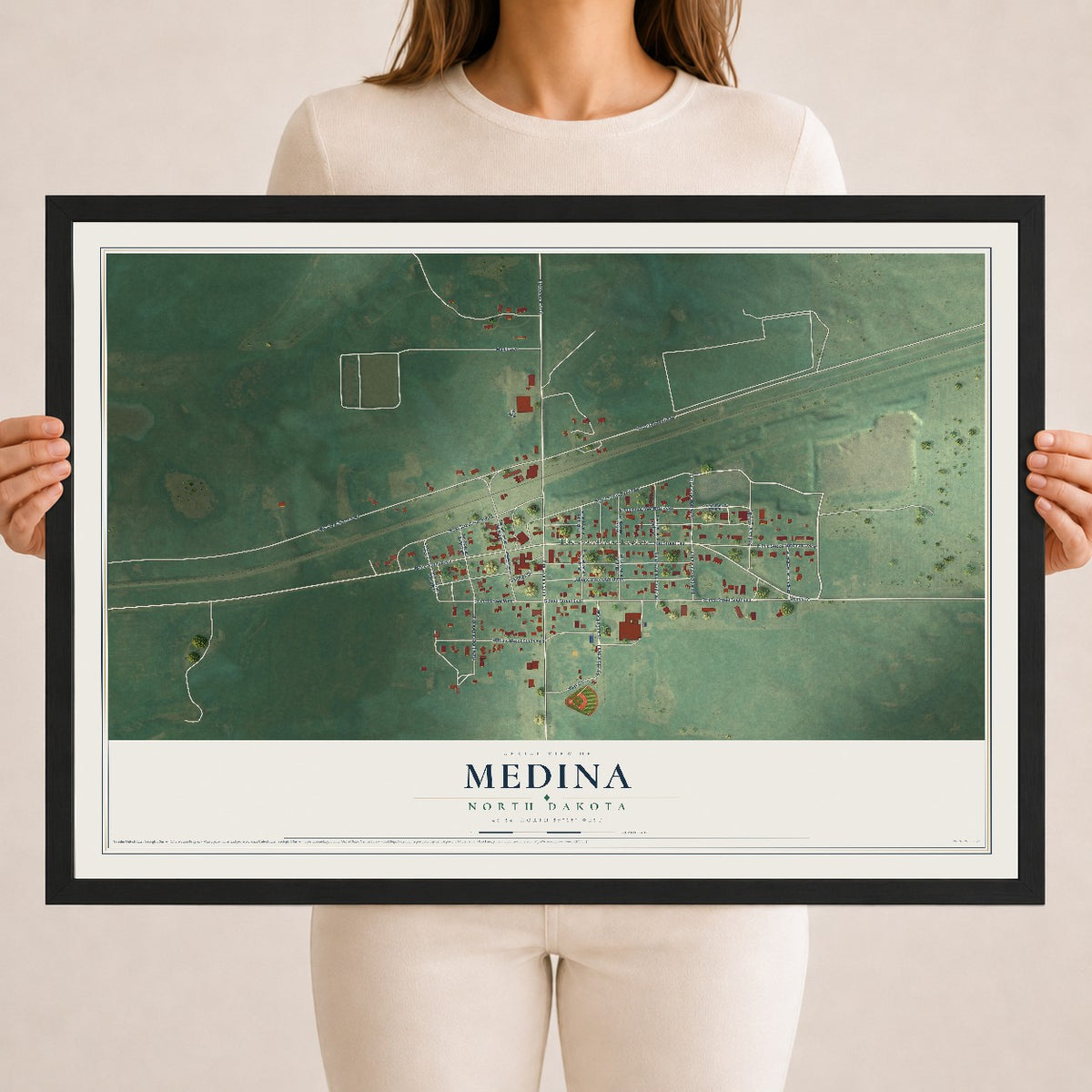 Map of Medina, North Dakota, 18 x 24 inch print in a black wood frame
