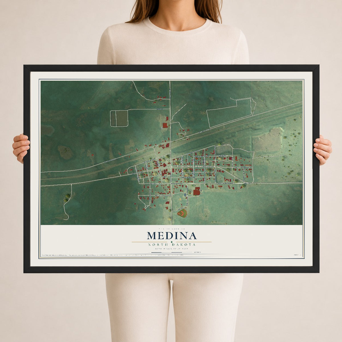 Map of Medina, North Dakota, 24 x 36 inch print in a black wood frame