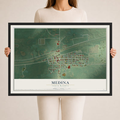 Map of Medina, North Dakota, 24 x 36 inch print in a black wood frame