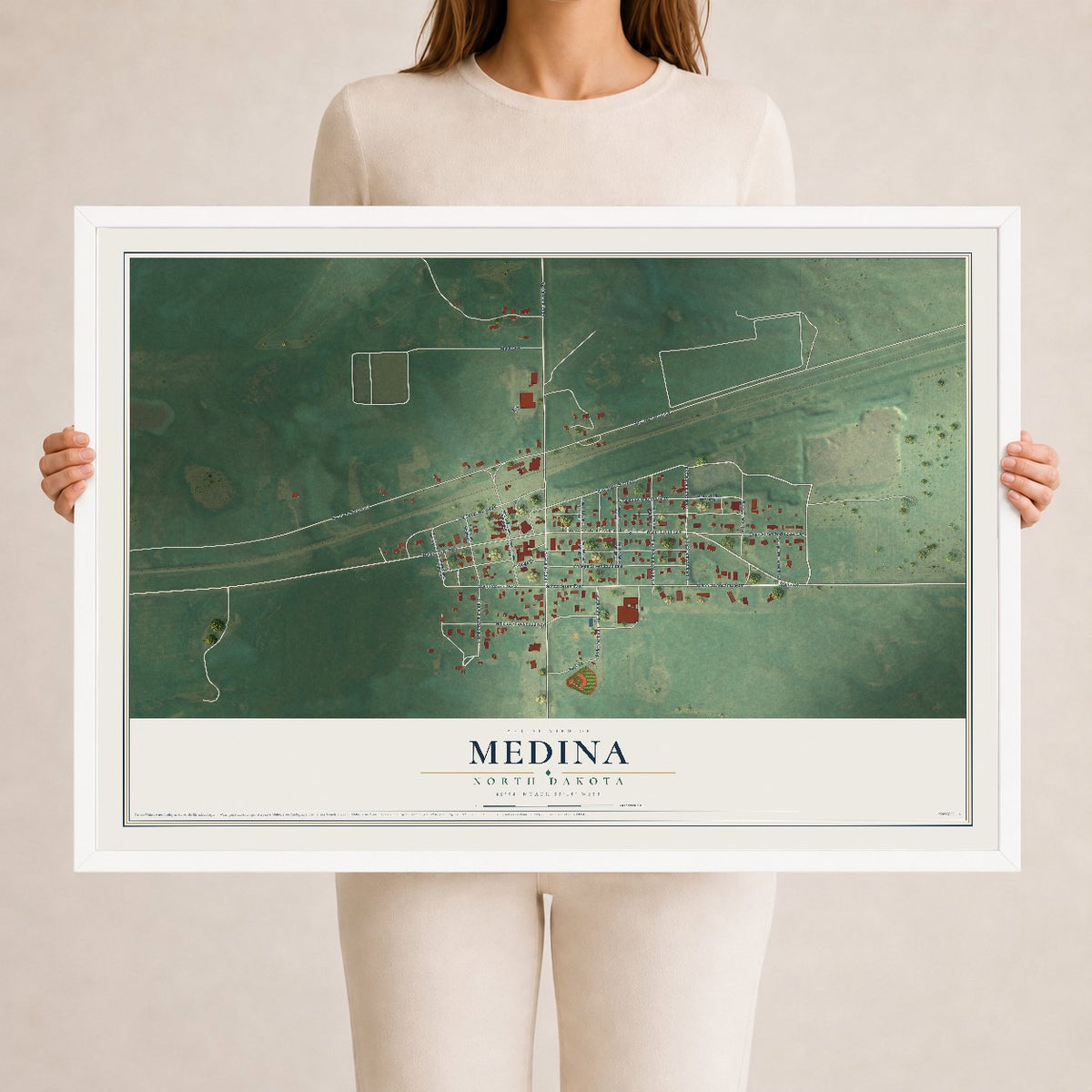 Map of Medina, North Dakota, 24 x 36 inch print in a white wood frame