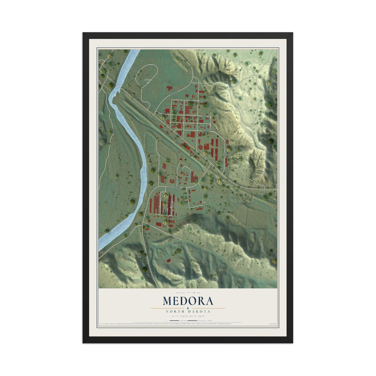 Map of Medora, North Dakota, 12 x 18 inch print in a black wood frame