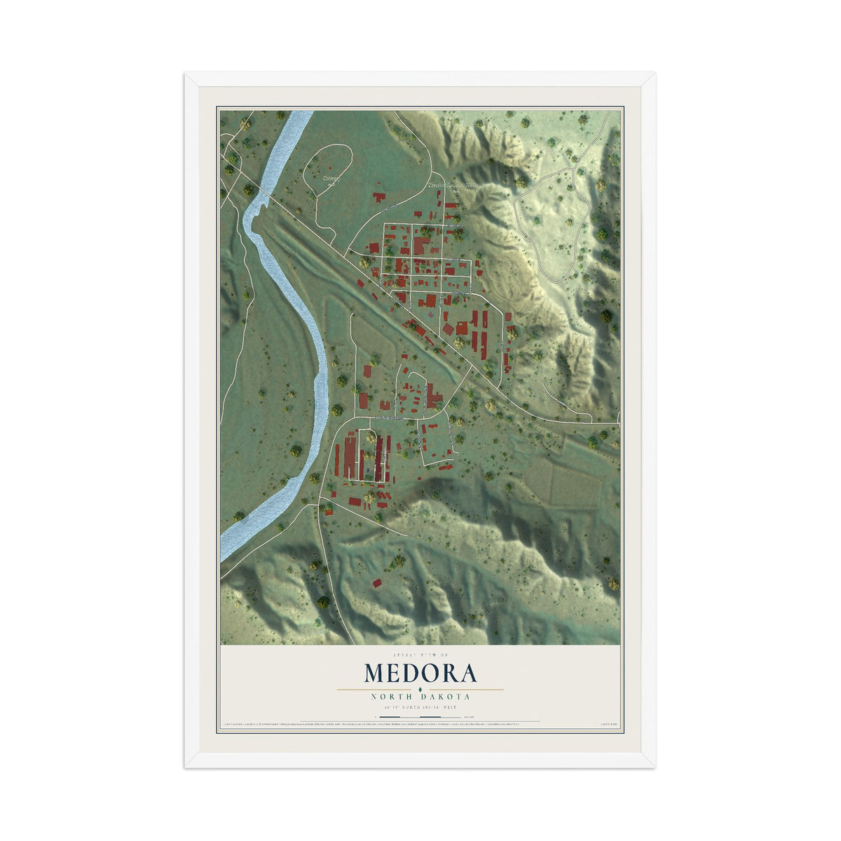 Map of Medora, North Dakota, 12 x 18 inch print in a white wood frame