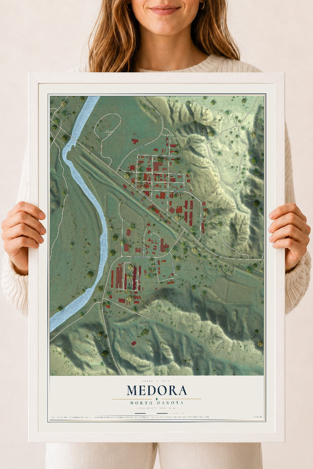 Map of Medora, North Dakota, 18 x 24 inch print in a white wood frame