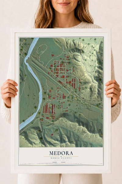 Map of Medora, North Dakota, 18 x 24 inch print in a white wood frame