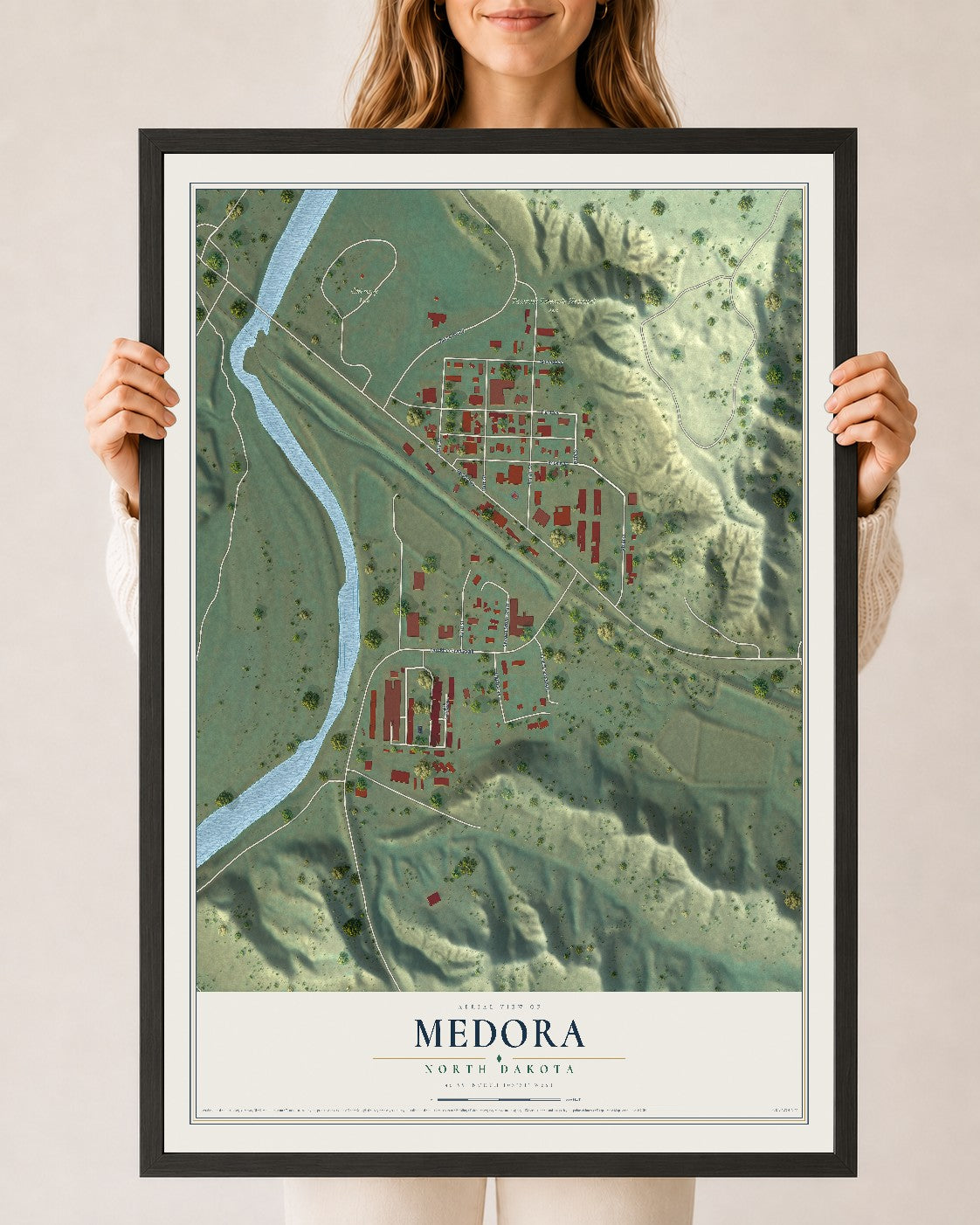 Map of Medora, North Dakota, 24 x 36 inch print in a black wood frame