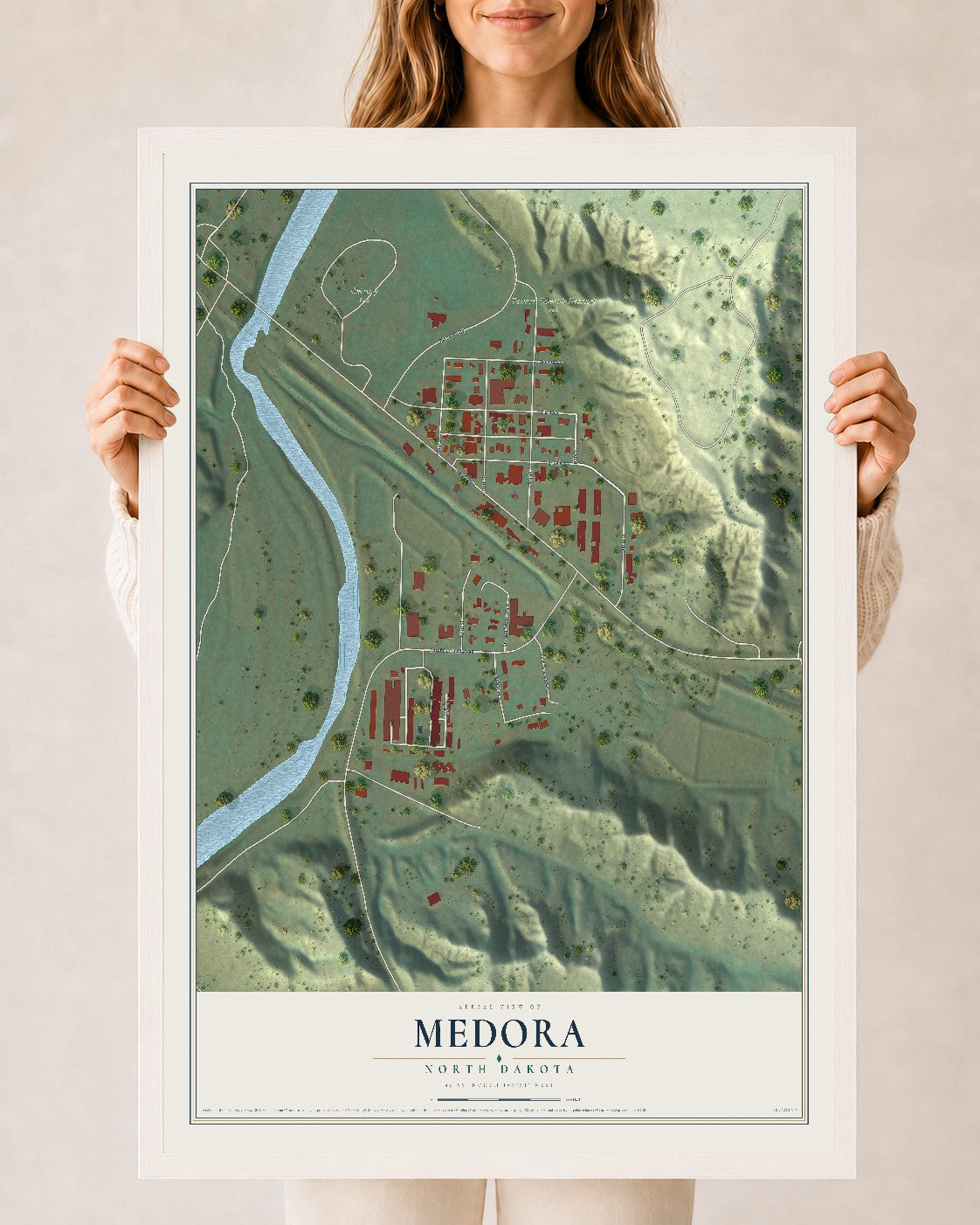 Map of Medora, North Dakota, 24 x 36 inch print in a white wood frame