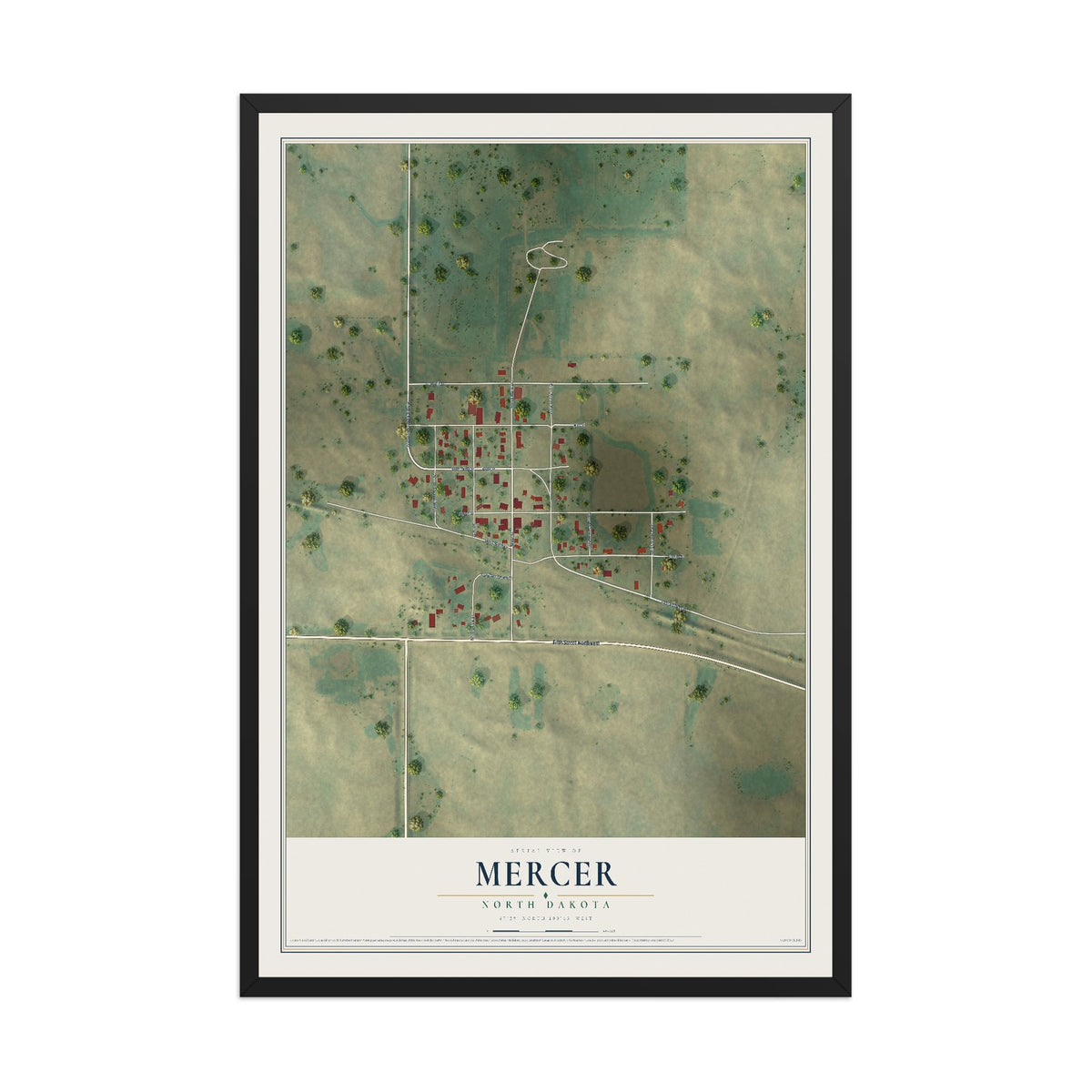 Map of Mercer, North Dakota, 12 x 18 inch print in a black wood frame