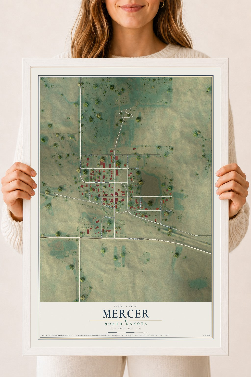 Map of Mercer, North Dakota, 18 x 24 inch print in a white wood frame