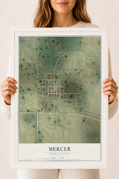 Map of Mercer, North Dakota, 18 x 24 inch print in a white wood frame