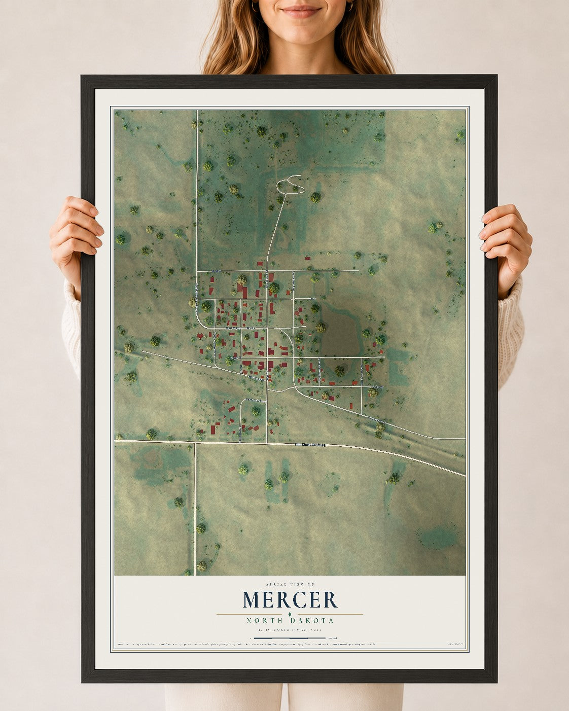 Map of Mercer, North Dakota, 24 x 36 inch print in a black wood frame