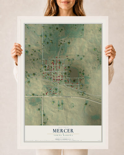 Map of Mercer, North Dakota, 24 x 36 inch print in a white wood frame