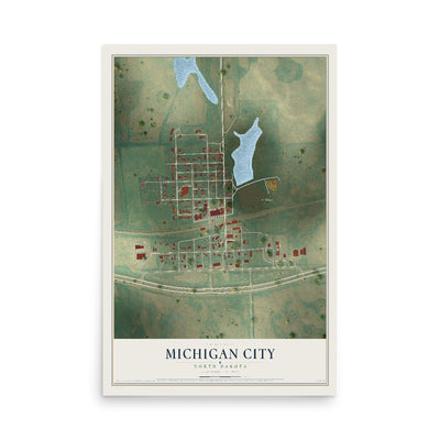 Map of Michigan City, North Dakota, 12 x 18 inch unframed archival matte print