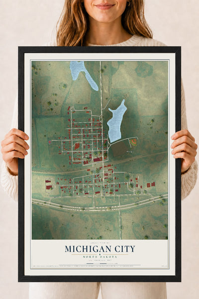 Map of Michigan City, North Dakota, 18 x 24 inch print in a black wood frame
