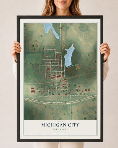 Map of Michigan City, North Dakota, 24 x 36 inch print in a black wood frame