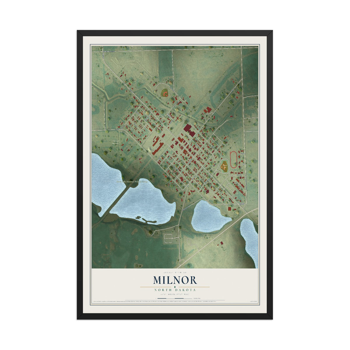 Map of Milnor, North Dakota, 12 x 18 inch print in a black wood frame