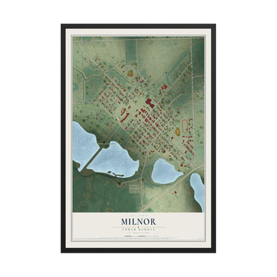 Map of Milnor, North Dakota, 12 x 18 inch print in a black wood frame