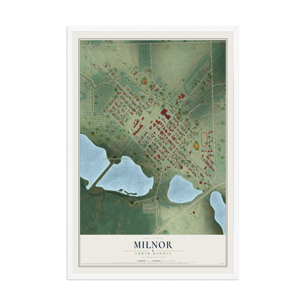 Map of Milnor, North Dakota, 12 x 18 inch print in a white wood frame