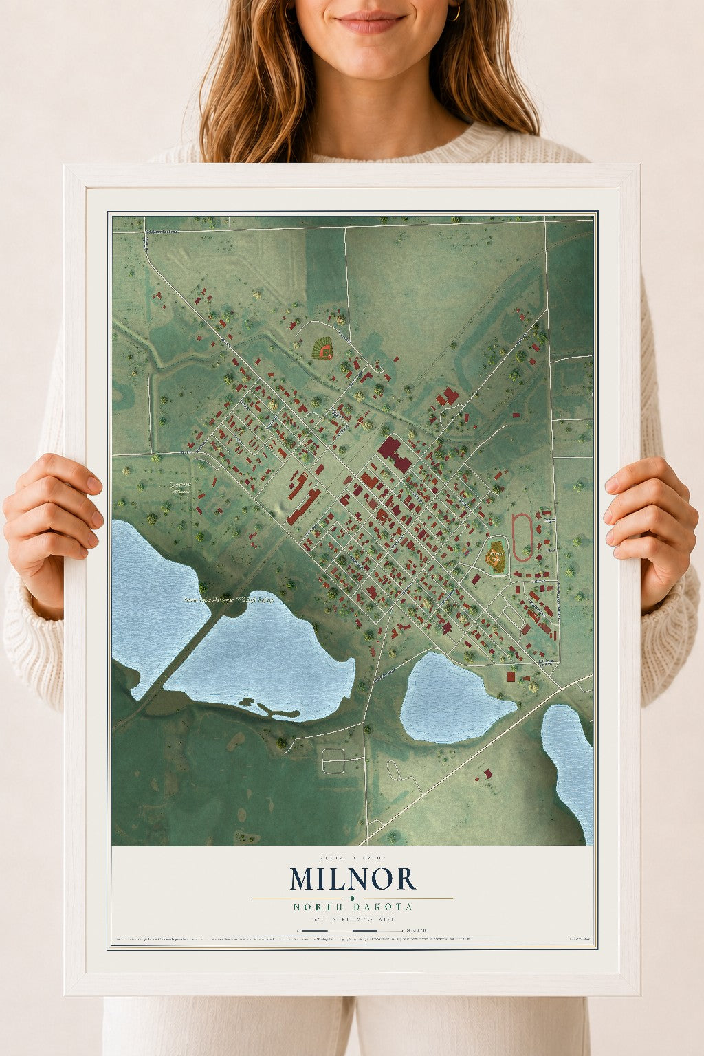 Map of Milnor, North Dakota, 18 x 24 inch print in a white wood frame