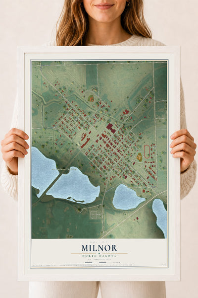 Map of Milnor, North Dakota, 18 x 24 inch print in a white wood frame