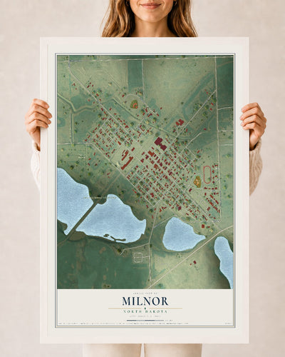 Map of Milnor, North Dakota, 24 x 36 inch print in a white wood frame