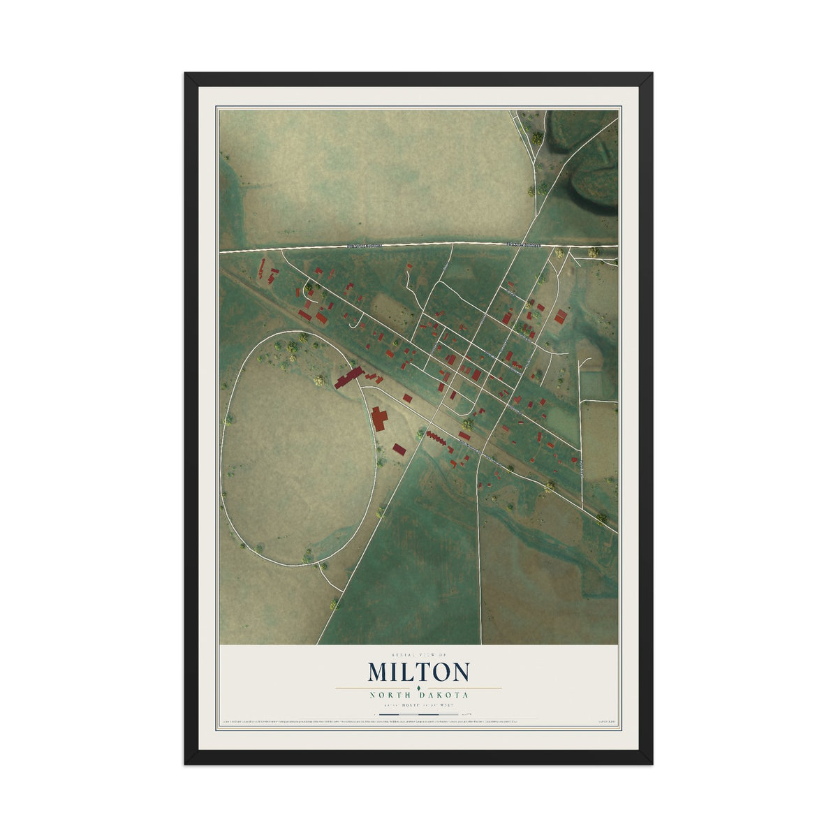 Map of Milton, North Dakota, 12 x 18 inch print in a black wood frame