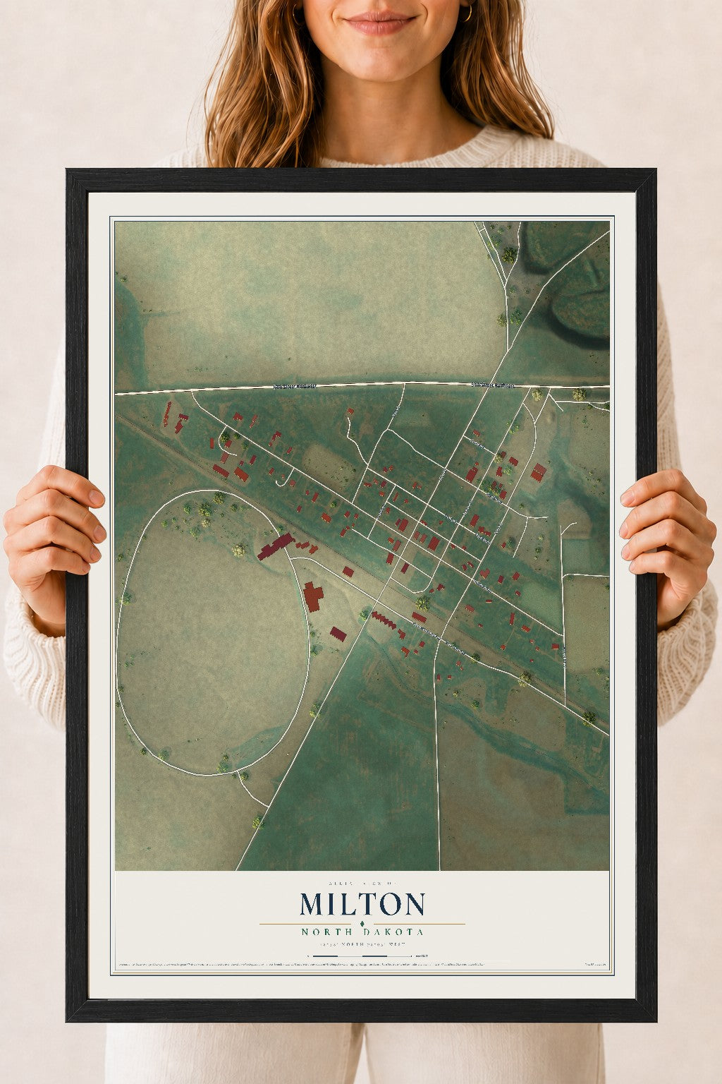 Map of Milton, North Dakota, 18 x 24 inch print in a black wood frame
