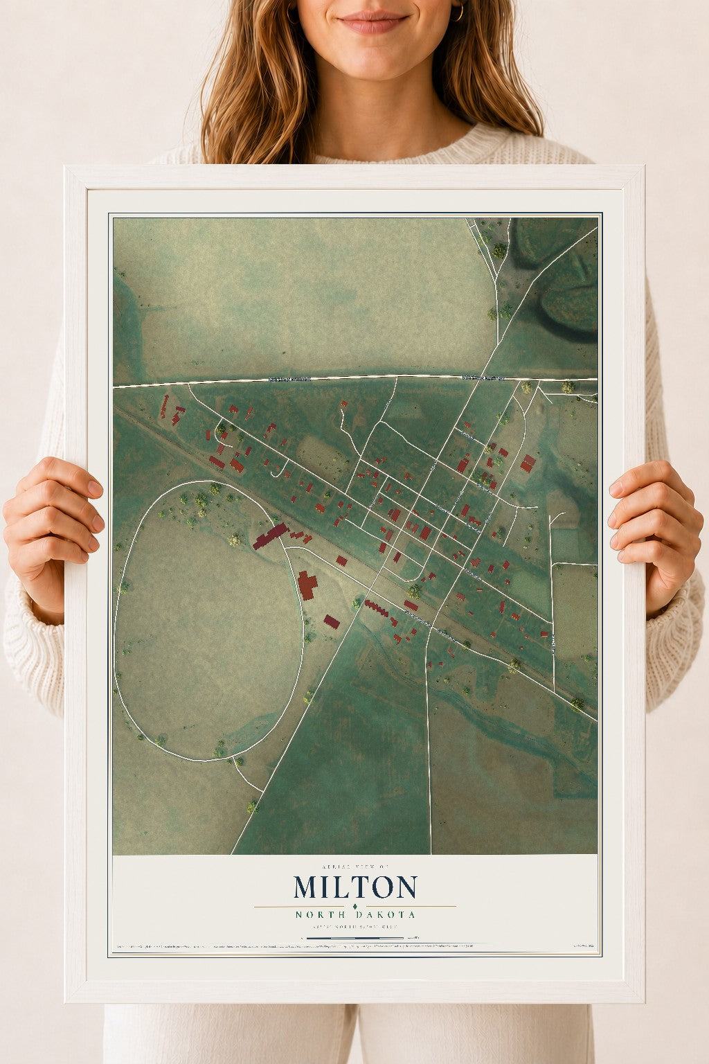 Map of Milton, North Dakota, 18 x 24 inch print in a white wood frame