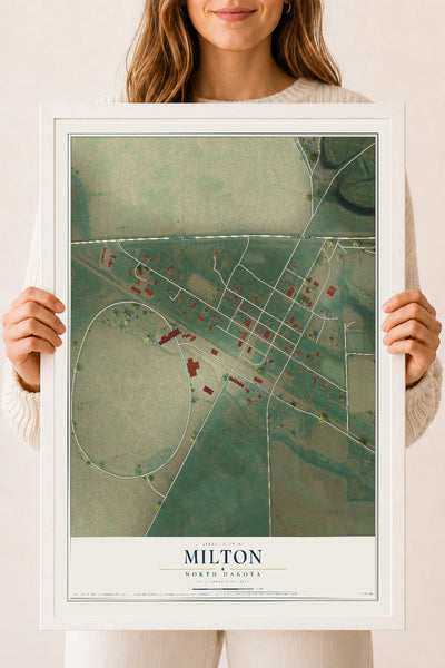 Map of Milton, North Dakota, 18 x 24 inch print in a white wood frame