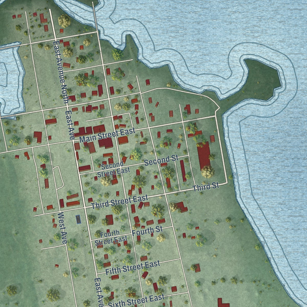 Close-up of the map of Minnewaukan, North Dakota print showing street and building detail