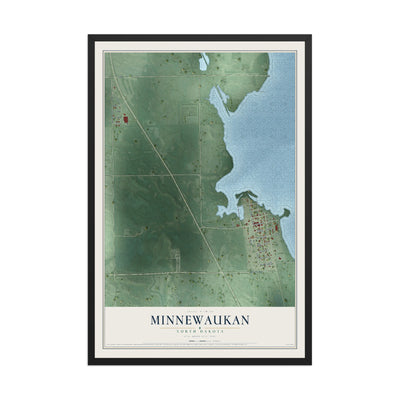 Map of Minnewaukan, North Dakota, 12 x 18 inch print in a black wood frame