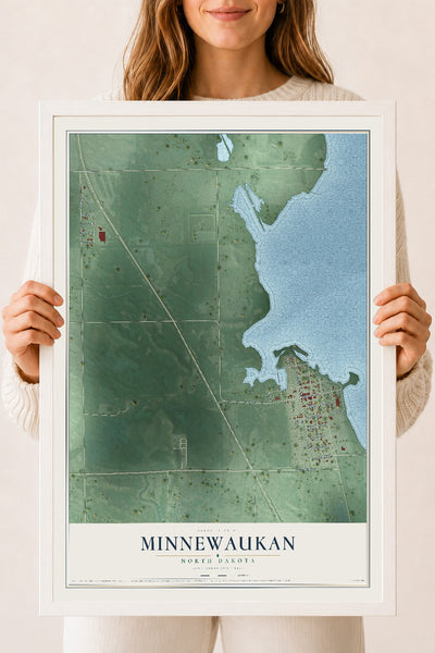 Map of Minnewaukan, North Dakota, 18 x 24 inch print in a white wood frame